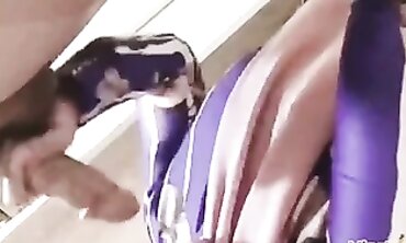 Hijab Girl in Purple Striped Outfit Gives Passionate Blowjob