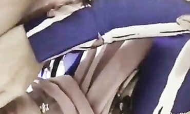 Hijab Girl in Purple Striped Outfit Gives Passionate Blowjob