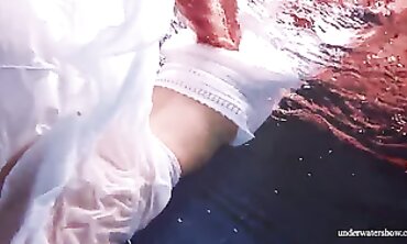 Ginger Marketa Strips in a Milky Sundress by the Pool