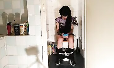 Gothic Teen Goddess Peeing and Pooping on the Toilet