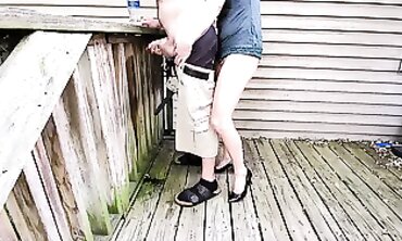 Blonde MILF Pisses Off Deck While Holding Her Manhood