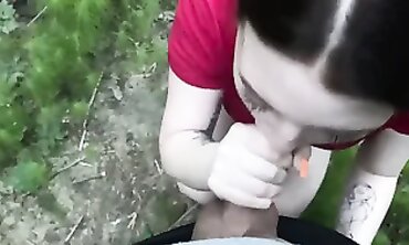 Beautiful Brunette Takes A Deep Throat Blowjob In The Park