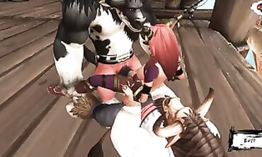 Two Monster Bulls Get Gangbanged by Skimpy Femmes on a Ship