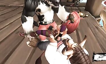 Two Monster Bulls Get Gangbanged by Skimpy Femmes on a Ship