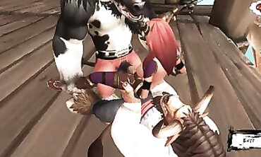 Two Monster Bulls Get Gangbanged by Skimpy Femmes on a Ship