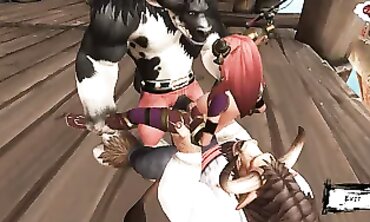 Two Monster Bulls Get Gangbanged by Skimpy Femmes on a Ship