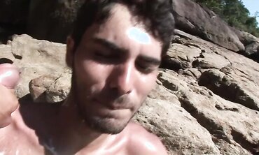 Twunk and beefy latino pummel rock hard on the beach.