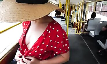 Real Fledgling Wife Demonstrating Jugs at Outdoor Transport and Park - Mitt Job