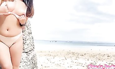 Asian Amateur Flashes Breasts on Beach as Ship Passes