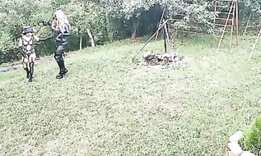 Sweetie Goth Trains Blonde Transsexual Pony Outdoors