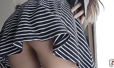 POV Outdoor Flash: French Girl in Miniskirt with No Panties