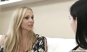 Brunette Girl Finger Fucks Platinum Blonde Cougar Boss