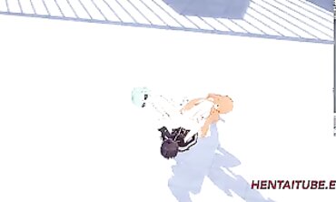 Asuana and Asada Give Kirito a Threesome Booty Jerk