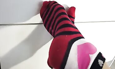 Red's Gorgeous Legs in Crimson Striped Socks
