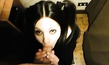Gothic Girl with Pigtails Takes Deep Throat and Facial