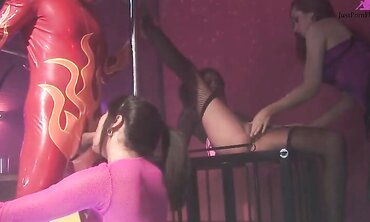 Man in Leather Bondage Gets Fucked by Twins And Their Friend