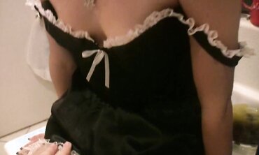 POV Brunette Maid in Uniform Gives a Messy Blowjob
