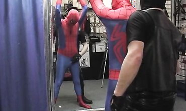 Gay Mature Man Gives Spiderman a Blowjob