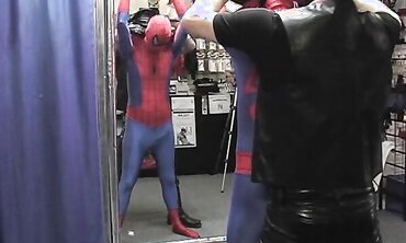 Gay Mature Man Gives Spiderman a Blowjob
