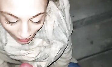 POV Outdoor Blowjob: Brunette Swallows Cum Outside