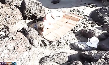 POV Catches Platinum Blonde Cougar on the Beach
