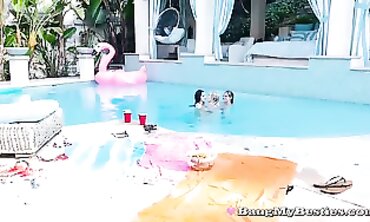 Pool Party Threesome: Harsh Sapphic Sex for College Buddies