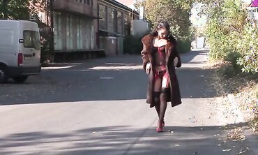 Outdoors, Natural Tits, Shaved Pussy, Blowjob, Lingerie, Nylons/Pantyhose, One on One, High Heels, Public Nudity