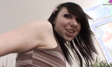 Slutty Brunette Gets Her Shaved Pussy Pounded By A Big White Dick
