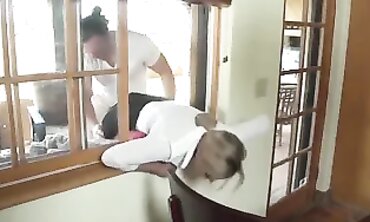Bombshell Cougar Stuck in Window During Threesome