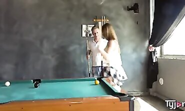 Petite Brunette Lady Bug Gets Pulverized on a Billiard Table