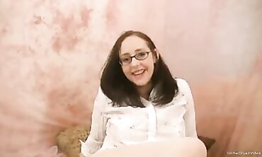 Inexperienced Brunette in Stockings Gives POV Blowjob