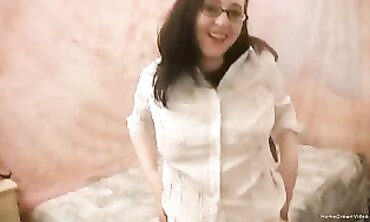 Inexperienced Brunette in Stockings Gives POV Blowjob