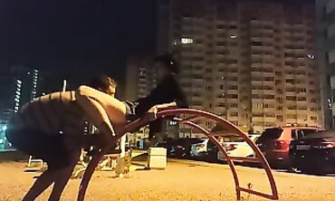 Skinny Russian Girl Gets Tongued on the Street at Night
