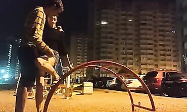 Skinny Russian Girl Gets Tongued on the Street at Night