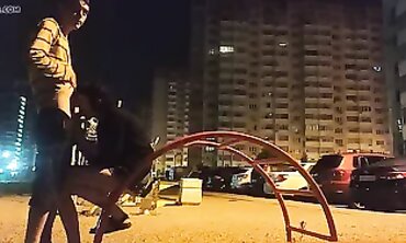 Skinny Russian Girl Gets Tongued on the Street at Night