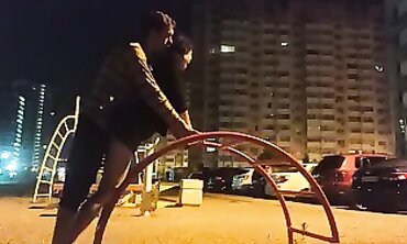 Skinny Russian Girl Gets Tongued on the Street at Night