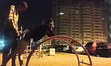 Skinny Russian Girl Gets Tongued on the Street at Night