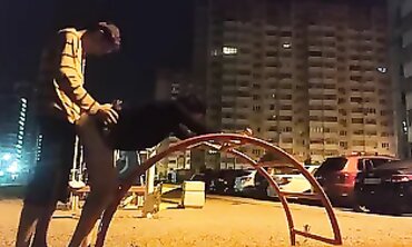 Skinny Russian Girl Gets Tongued on the Street at Night