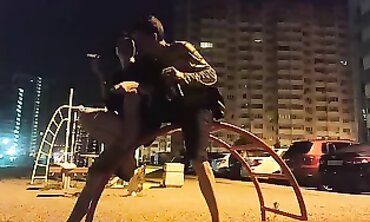 Skinny Russian Girl Gets Tongued on the Street at Night