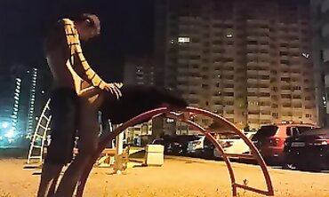 Skinny Russian Girl Gets Tongued on the Street at Night