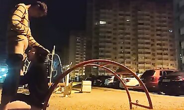 Skinny Russian Girl Gets Tongued on the Street at Night