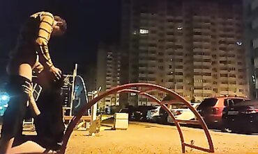 Skinny Russian Girl Gets Tongued on the Street at Night