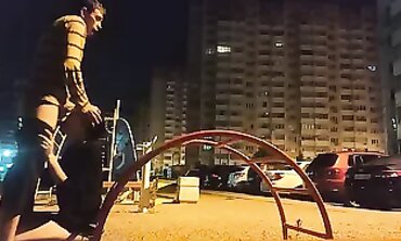 Skinny Russian Girl Gets Tongued on the Street at Night