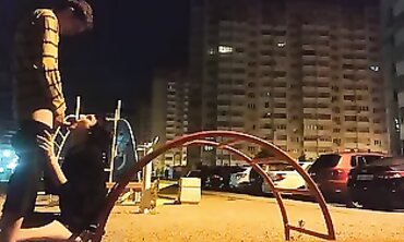 Skinny Russian Girl Gets Tongued on the Street at Night