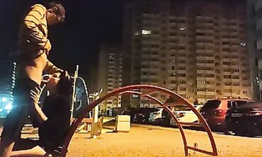Skinny Russian Girl Gets Tongued on the Street at Night