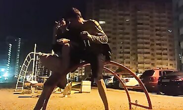 Skinny Russian Girl Gets Tongued on the Street at Night