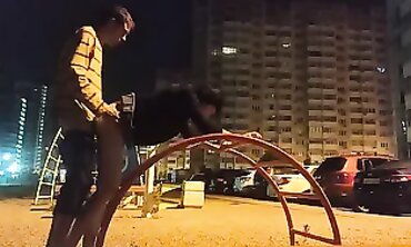 Skinny Russian Girl Gets Tongued on the Street at Night
