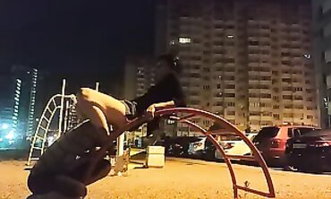 Skinny Russian Girl Gets Tongued on the Street at Night
