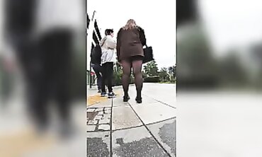 African MILF in Mini Skirt and Stockings Upskirt Surprise