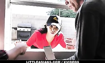 Petite Asian Ember Snow Stuck in Window During Threesome